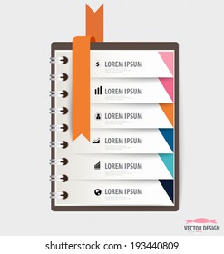 Modern Design template of spiral notebook with ribbons, infographics background. Vector illustration