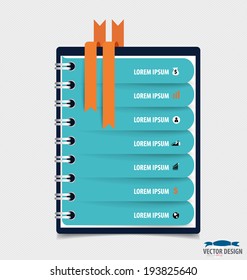 Plantilla moderna de diseño de cuaderno en espiral con cintas, fondo de infografía. Ilustración del vector