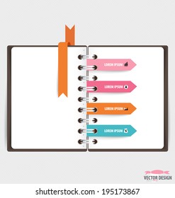 Modelo de design moderno de caderno espiral com faixas, fundo infográfico. Ilustração vetorial.