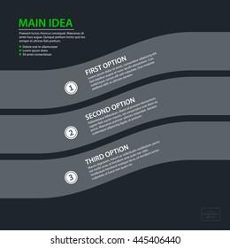 Modern design template with three flowing options in flat style on dark gray background. Useful for corporate presentations and advertising.