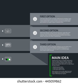 Modern design template with three paper stripe options in flat style on dark gray background. Useful for corporate presentations and advertising.