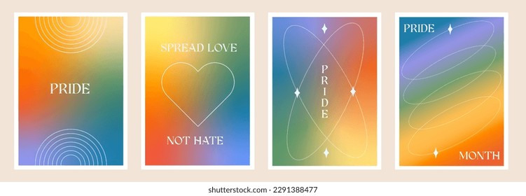 Moderne Design-Vorlagen für Pride Month Poster und Gay Love Card im y2k Stil. Set von trendigen minimalistischen Ästhetik mit Regenbogengradienten und queer Slogans. Vektor LGBTQ Hintergrund und Tapete-Kunstdruck.