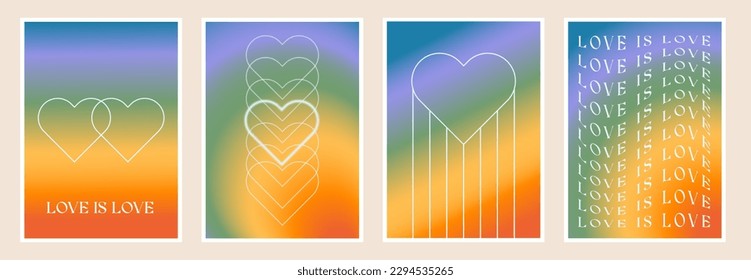 Modern design templates for Pride Month and Gay Love card, banner, poster. Set of trendy minimalist queer aesthetic with gradients and typography love is love. LGBTQ y2k backgrounds, wall art prints. 