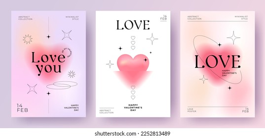 Modernas plantillas de diseño de San Valentín y tarjetas de amor, banner, afiche, portada. Estética minimalista de moda con gradientes y tipografía, fondos y2k. Colores amarillo rosa pálido, violeta y vibrante.