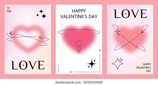 Modernas plantillas de diseño de San Valentín y tarjetas de amor, banner, afiche, portada. Estética minimalista a la moda con gradientes y tipografía, fondos y2k