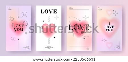 Modern design templates of Valentines day and Love card, banner, poster, cover set. Trendy minimalist aesthetic with gradients and typography, y2k backgrounds. Pale pink yellow, purple vibrant colors.