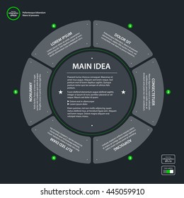 Modern design text background with circle of six options in flat style on dark gray background. Useful for corporate presentations and advertising.