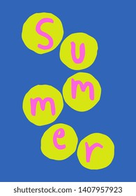 Modern design with text "Summer" in fuchsia and yellow on blue background.