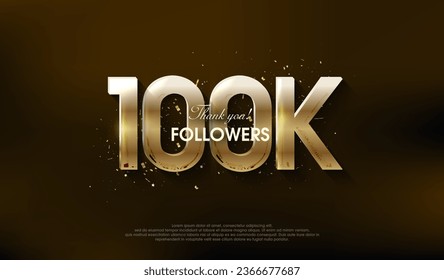 Modern design to thank 100k followers, with a very luxurious gold color. Premium vector background for achievement celebration design.