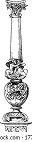 A modern design that is more three dimensional with flat ornamentation used on the top, vintage line drawing or engraving illustration.