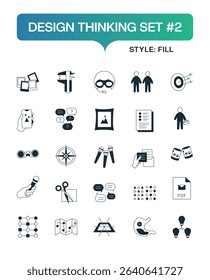 A modern Design Thinking Fill Icon Set featuring bold, solid-style vector symbols representing creative problem solving, brainstorming, ideation, user research, prototyping, testing, empathy, 