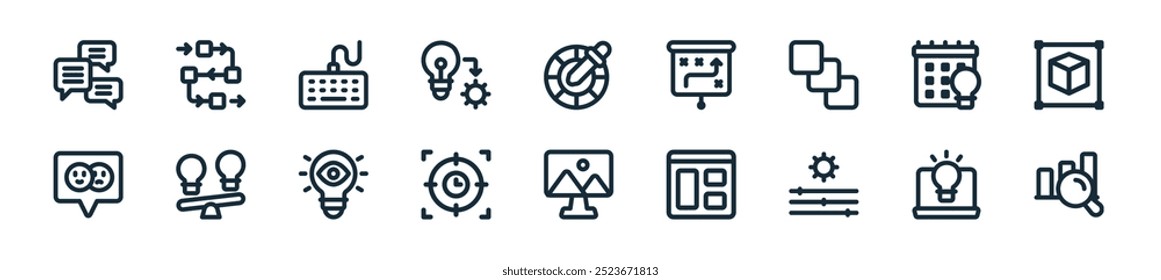 modern design thinking icon pack. perfect for linear ui designs featuring vector research, laptop, adjustment, wireframe, image, target, vision and more icons for mobile and web apps.