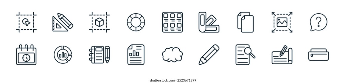 moderno design pensando ícone pack. perfeito para projetos de ui linear com caixa de lápis vetor, protótipo, página, lápis, brainstorm, fonte de, caderno de esboços e mais ícones para aplicativos móveis e web.