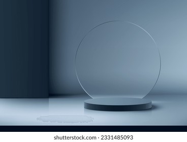 Modern of design with this 3D realistic blue color podium and circle glass backdrop. This interior concept mockup, vector illustration, offers a contemporary and elegant touch. Ideal for presentations