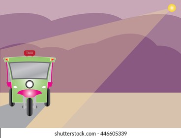Modern design of Three wheel Motor or Tuktuk with road from mountain , season colour of mountain