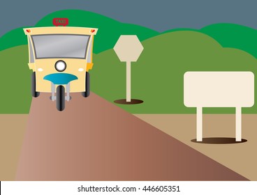 Modern design of Three wheel Motor or Tuktuk with road from mountain and blank road sign