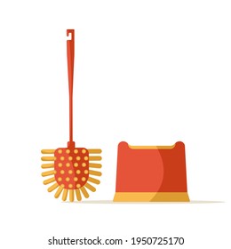 Modern design toilet brush, brush stand, isolated on white background. Red and yellow toilet brush. Household chores. Cleaning service. Toilet clean hygiene, sanitary wc bathroom concept. Vector