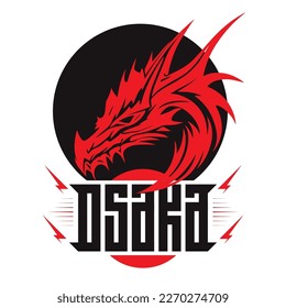 Modern design for t-shirt and apparel with red dragon and lettering "Osaka" on red sun. Graphics for authentic urban apparel.