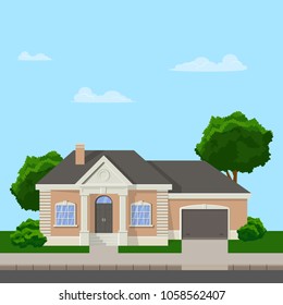 Modern design of a two-storey family house in a flat style. Vector illustration. The house is grouped and isolated.