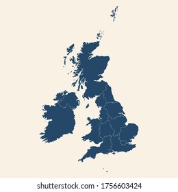 Diseño moderno Reino Unido mapa político detallado. Fondo azul cian, color crema blanco. Conceptos y antecedentes empresariales.