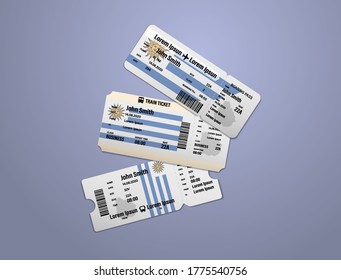 Modern design of Uruguay airline, bus and train travel boarding pass. Three tickets of Uruguay painted in flag color. Vector illustration isolated