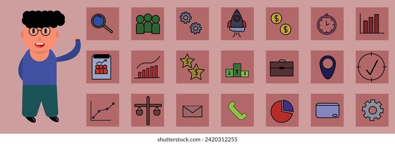 Ilustración vectorial de diseño moderno 21 iconos planos con estatus masculino y estilo de los artículos de servicio financiero, símbolo de gestión empresarial, contabilidad bancaria y objetos monetarios. Aislado sobre fondo blanco.