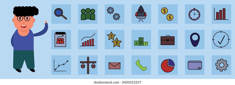 Modern design vector illustration 21 flat icons with man standing and style of financial service items, business management symbol, banking accounting and money objects. Isolated on white background.
