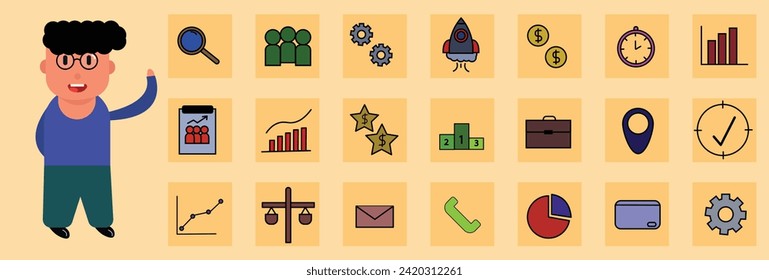 Ilustración vectorial de diseño moderno 21 iconos planos con estatus masculino y estilo de los artículos de servicio financiero, símbolo de gestión empresarial, contabilidad bancaria y objetos monetarios. Aislado sobre fondo blanco.