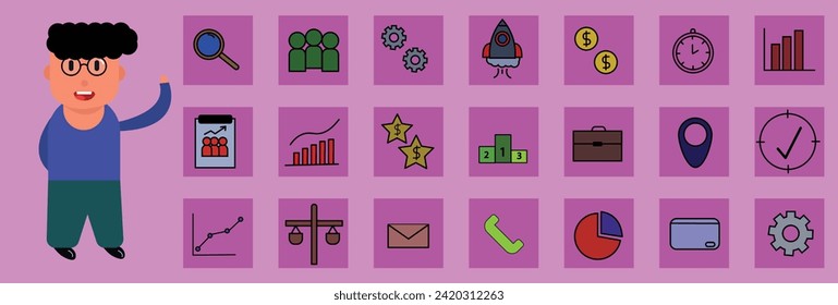 Modern design vector illustration 21 flat icons with man standing and style of financial service items, business management symbol, banking accounting and money objects. Isolated on white background.