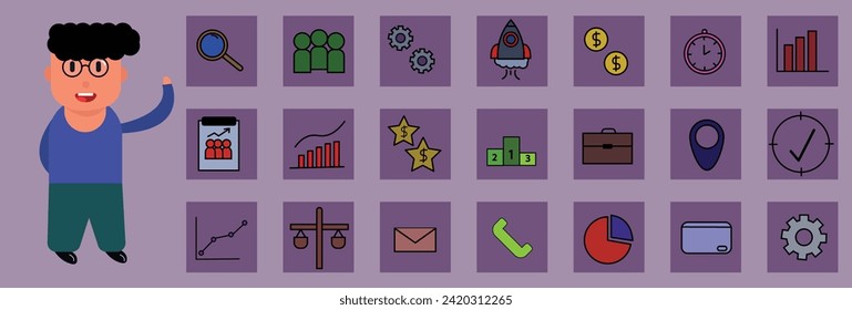 Ilustración vectorial de diseño moderno 21 iconos planos con estatus masculino y estilo de los artículos de servicio financiero, símbolo de gestión empresarial, contabilidad bancaria y objetos monetarios. Aislado sobre fondo blanco.