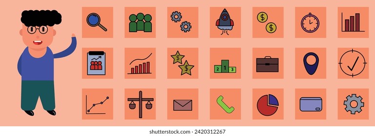 Ilustración vectorial de diseño moderno 21 iconos planos con estatus masculino y estilo de los artículos de servicio financiero, símbolo de gestión empresarial, contabilidad bancaria y objetos monetarios. Aislado sobre fondo blanco.