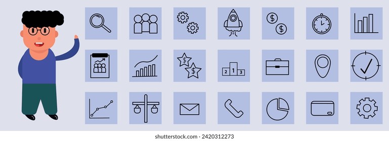 Ilustración vectorial de diseño moderno 21 iconos planos con estatus masculino y estilo de los artículos de servicio financiero, símbolo de gestión empresarial, contabilidad bancaria y objetos monetarios. Aislado sobre fondo blanco.