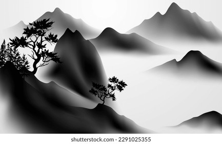 Modern design vector illustration of beautiful Chinese ink landscape painting.