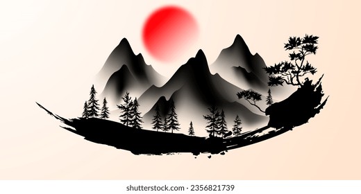 Modern design vector illustration of beautiful Chinese ink landscape painting.