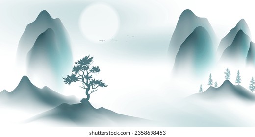 Modern design vector illustration of beautiful Chinese ink landscape painting.