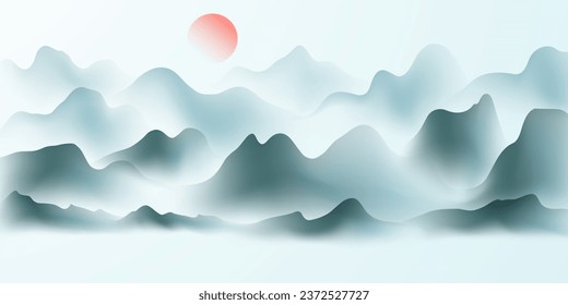 Diseño moderno ilustrativo vectorial de la hermosa pintura del paisaje de tinta china.