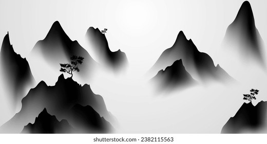 Modern design vector illustration of beautiful Chinese ink landscape painting.