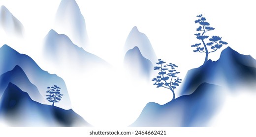 Ilustración vectorial de diseño moderno de la pintura hermosa del paisaje de la tinta china.