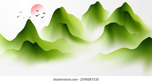 Modern design vector illustration of beautiful Chinese ink landscape painting.