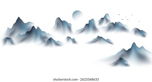 Ilustración vectorial de diseño moderno de hermoso paisaje de tinta china.