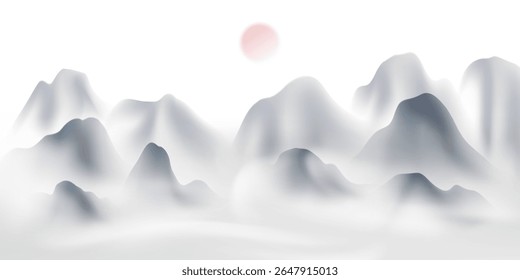 Modern design vector illustration of beautiful Chinese ink landscape painting.