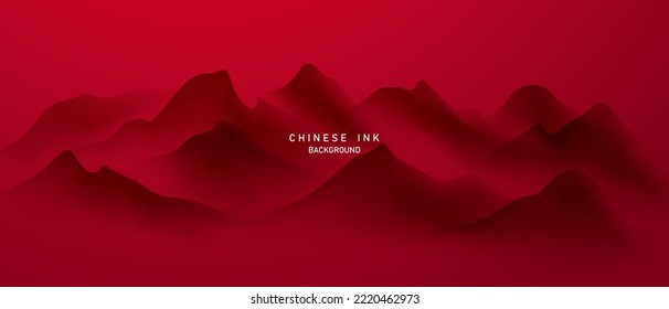 Diseño moderno ilustrativo vectorial de la pintura del paisaje de tinta china sobre un magnífico fondo rojo.