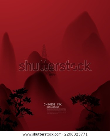 Modern design vector illustration of Chinese ink landscape painting on gorgeous red background.