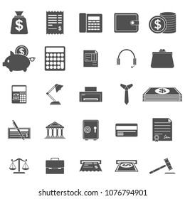 Modern design vector illustration flat icon set with long shadow style of financial service items, business management symbol, banking accounting and money objects. Isolated on white background.