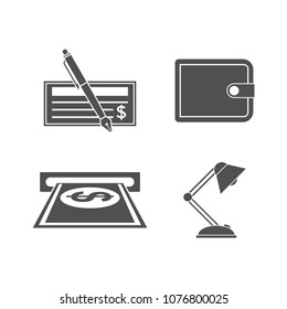 Modern design vector illustration flat icon set of financial service items, business management symbol, banking accounting and money objects. Isolated on white background. Black White color.