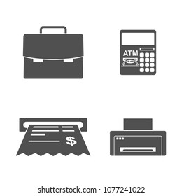 Modern design vector illustration flat icon set of financial service items, business management symbol, banking accounting and money objects. Isolated on white background. Black White color.