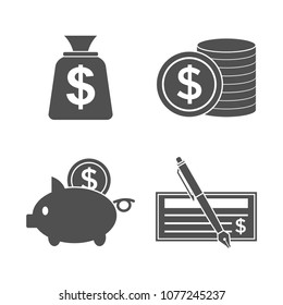 Modern design vector illustration flat icon set of financial service items, business management symbol, banking accounting and money objects. Isolated on white background. Black White color.