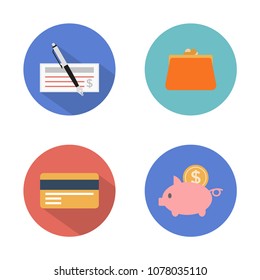 Modern design vector illustration flat icon set in circle icon of financial service items, business management symbol, banking accounting and money objects. Isolated on white background