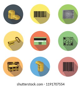 Modern design vector illustration of a flat icon set with a long shadow style of financial services, business management, bank account and cash objects. Isolated on white background. Vector.
