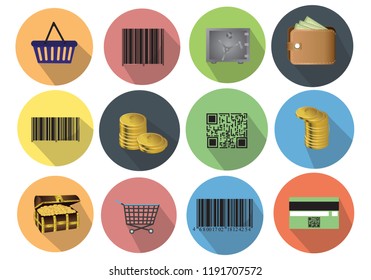Modern design vector illustration of a flat icon set with a long shadow style of financial services, business management, bank account and cash objects. Isolated on white background. Vector.